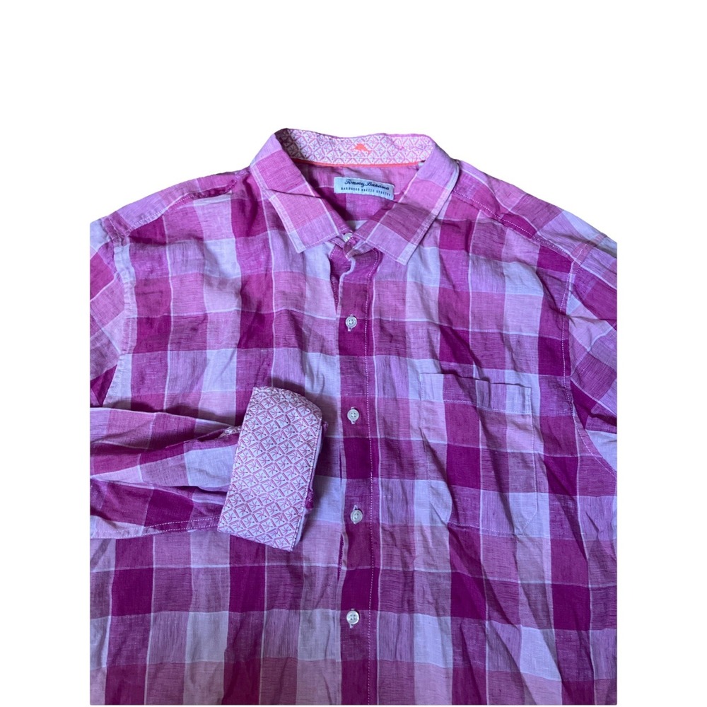 Tommy Bahama Men's Button Shirt XXL Festival Pink Barbados Breeze Check Linen Bl